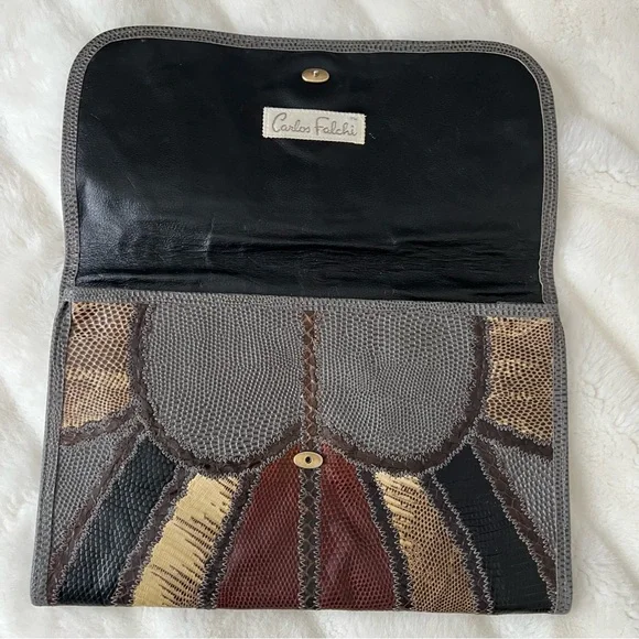 Carlos Falchi 1980s Grey/Brown/Black Exotic Skins Vintage Clutch
